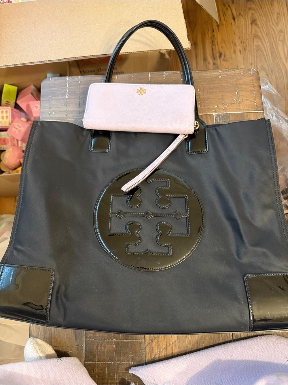 Tory Burch Black Tote with Purple Zip Wallet